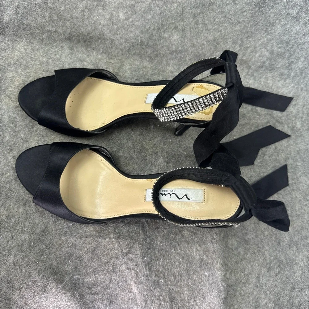 Nina New York Black Satin Rhinestone Ankle Tie Stiletto Sandals Womens 8.5 M